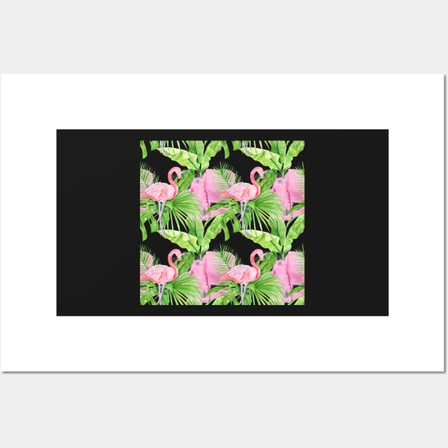 Tropical Pattern Flamingos, Plants, and Petals Wall Art by CeeGunn